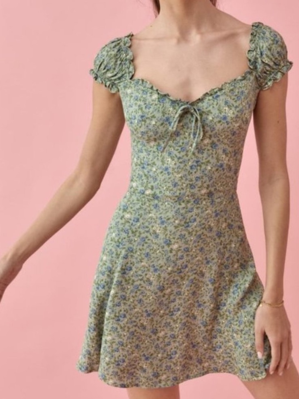 NWT Reformation Pacey Green Floral Puff-Sleeve Mini Dress